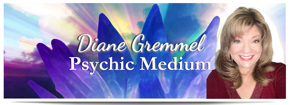 A blue and purple picture with the words " diane gremmes psychic medium ".
